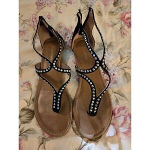 Maurices Black Strappy Sparkly Rhinestone Low Wedge Back Zip Sandals Size 7